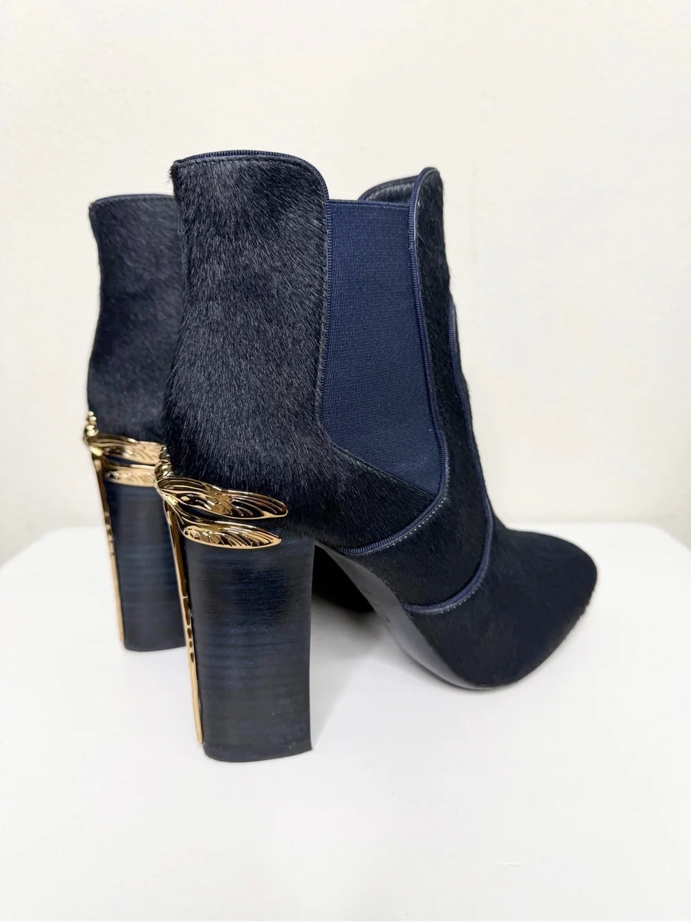 Tory Burch Theodora Gold Dragonfly Blue Ankle Boots Pony Hair Booties Size 10.5